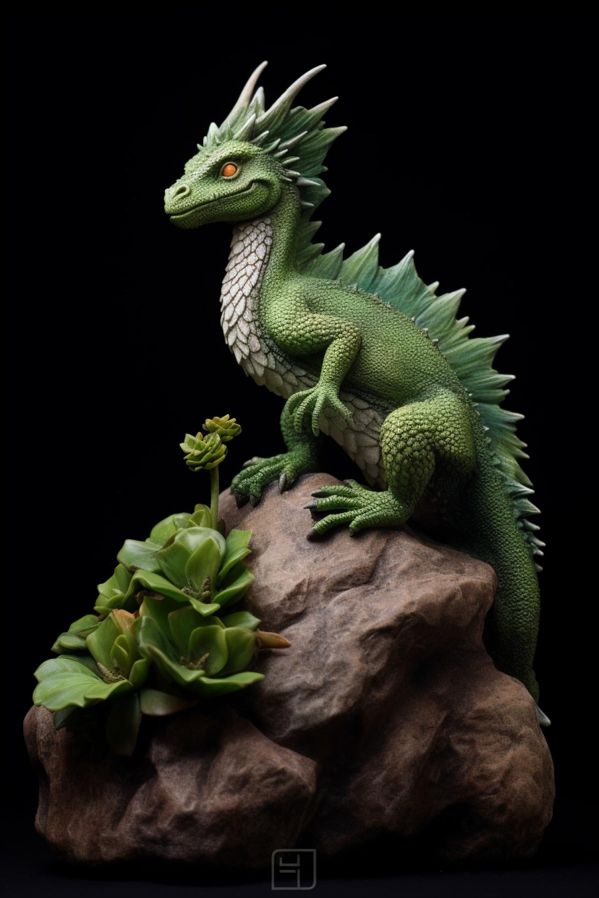 A small green dragon sits on a stone and there is a plant around it