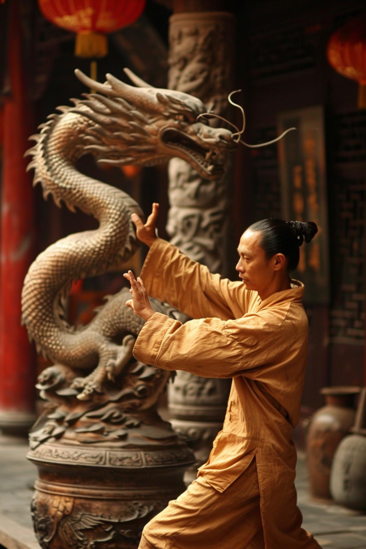 Chinese master hiting dragon in himself inside out