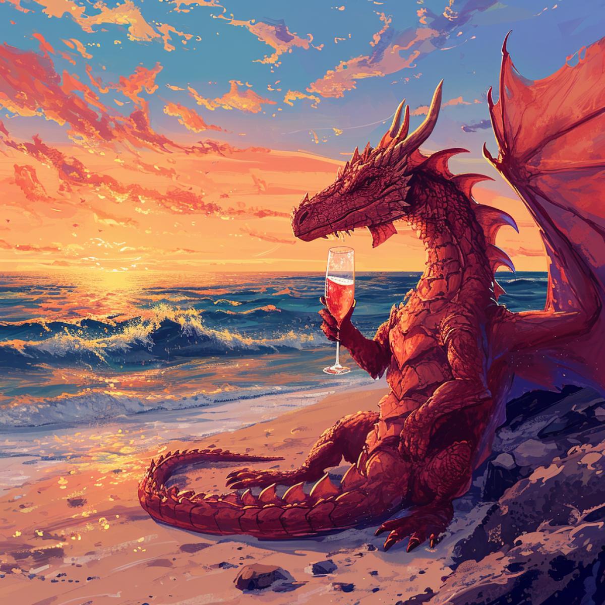 A fire dragon drinks champagne while sitting on the beach near the ocean