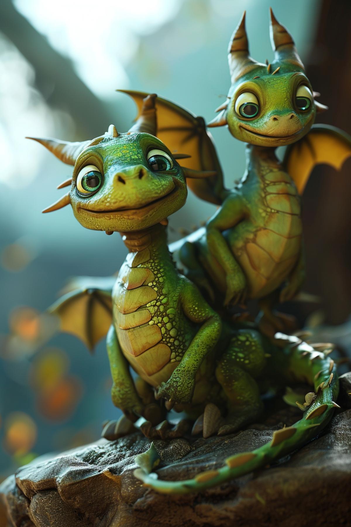Jolly happy little dragons Pixar Disney 3d illustration