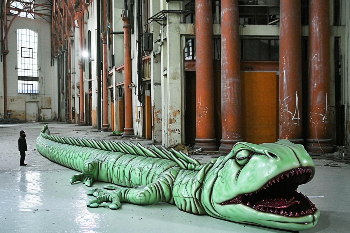 green dragon made from trash in the workshop