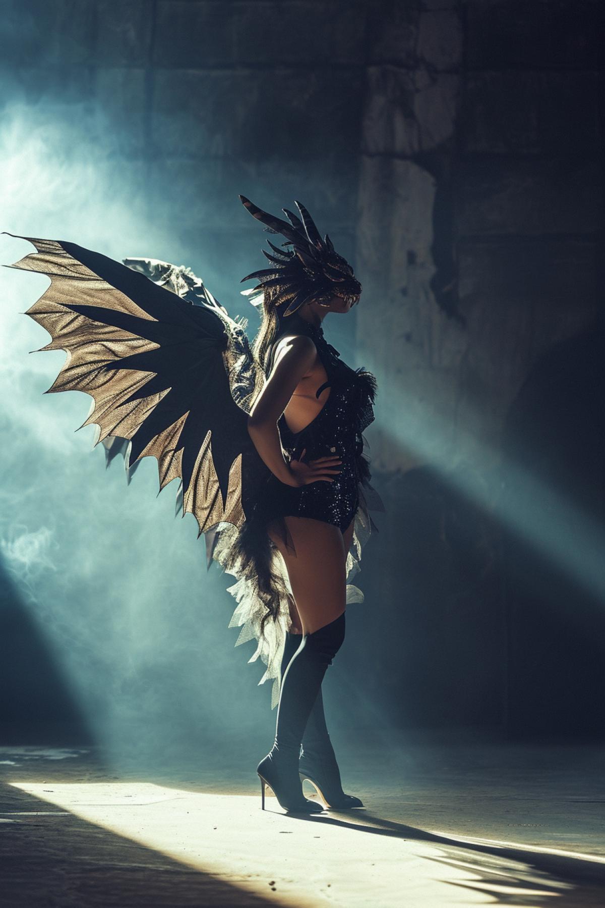 Young beautiful woman full height wearing high heels s dark clothes and mask tail wings of dragon scenic light spotlight professional photo session