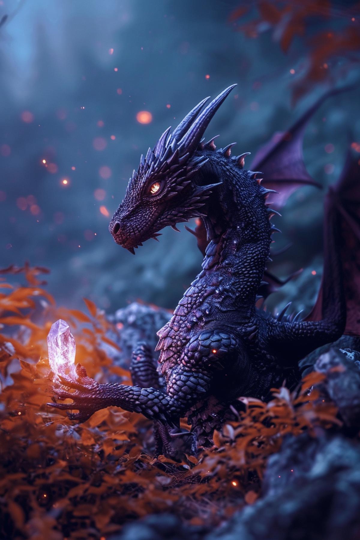 A good dragon of dark purple color in the mountains in the foliage, holds a shining magic crystal with his paw, his tail wraps around the dragon, there are stars in the dark sky, realistic photo