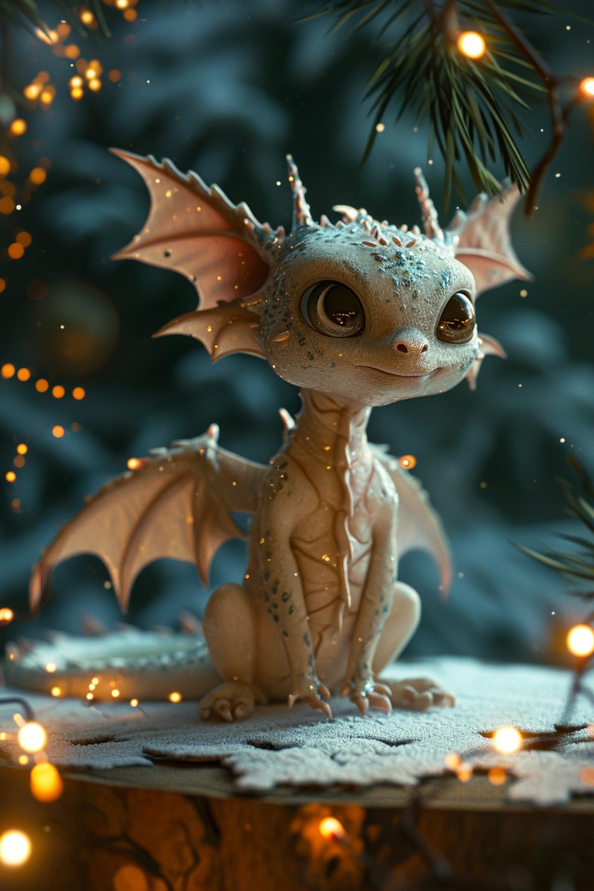 raw full body photo of a cute tiny dragon, christmas illustration, christmas magic, 4k, character design, cinematic, chalcopyrite, ten-year-old, blythe doll, realistic rendering of human forms, in the style of eve ventrue, photography, cartooncore, mangacore, glistening skin, natural lighting