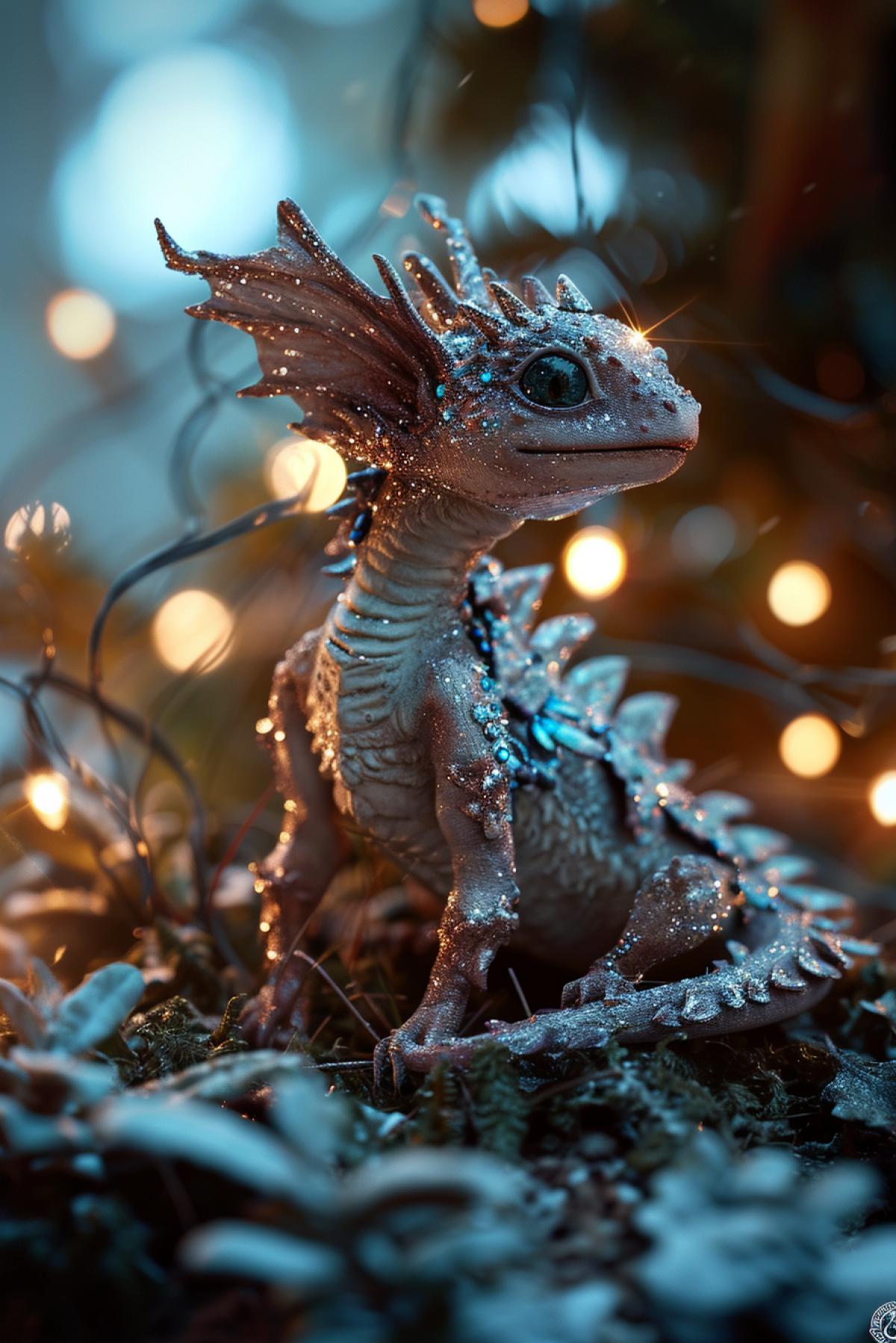 raw full body photo of a cute tiny dragon, christmas illustration, christmas magic, 4k, character design, cinematic, chalcopyrite, ten-year-old, blythe doll, realistic rendering of human forms, in the style of eve ventrue, photography, cartooncore, mangacore, glistening skin, natural lighting