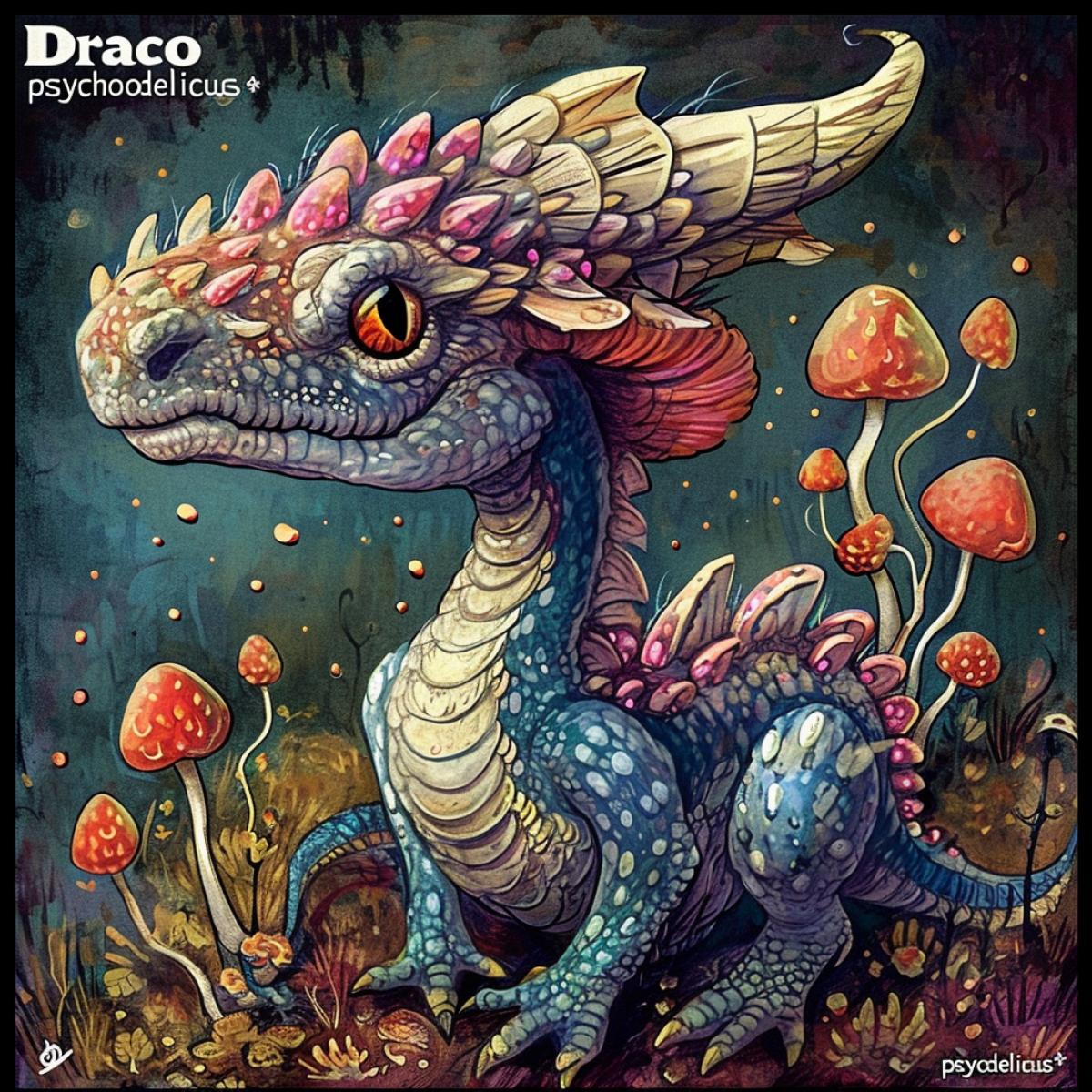 Psychedelic dragon. Mushroomsmaugust. \"Draco psychodelicus\".