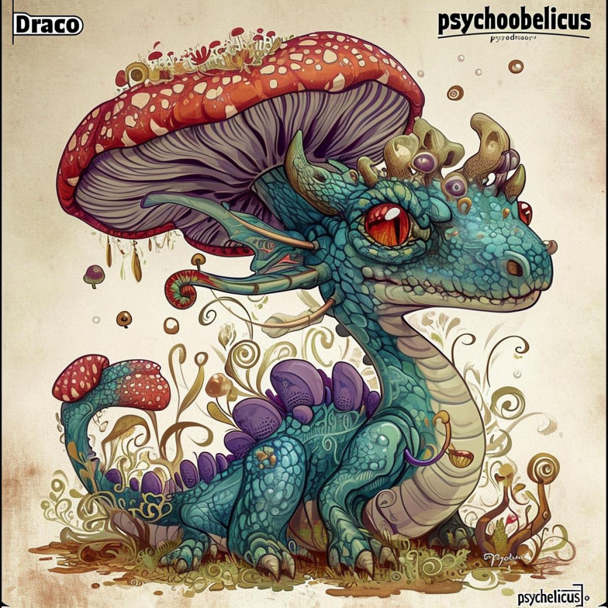 Psychedelic dragon. Mushroomsmaugust. \"Draco psychodelicus\".