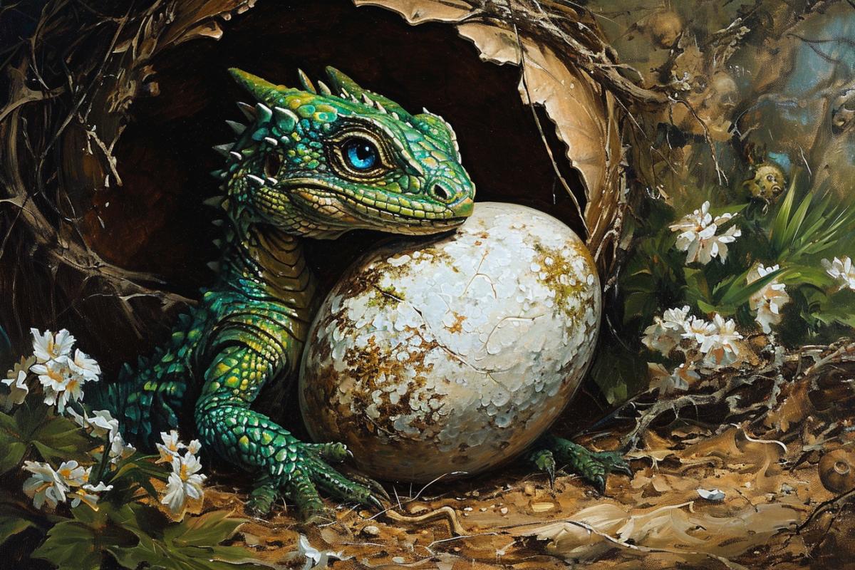 A newborn green dragon cub climbs out of an egg smiling blue eyes New Year\"s atmosphere baroque Japanese painting kenai