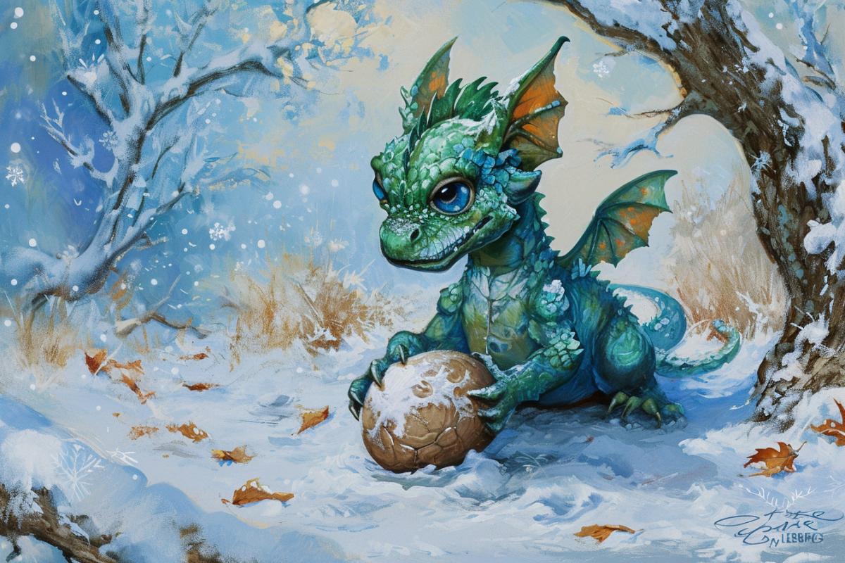 Newborn green dragon cub hatches from egg smiling blue eyes New Year\"s atmosphere baroque Japanese painting kenai snow winter magic