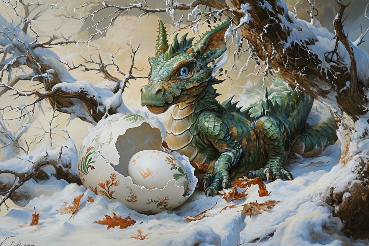 Newborn three-headed green fire-breathing dragon cub hatches from an egg smiling blue eyes New Year\"s baroque atmosphere Japanese painting kenai snow winter magic