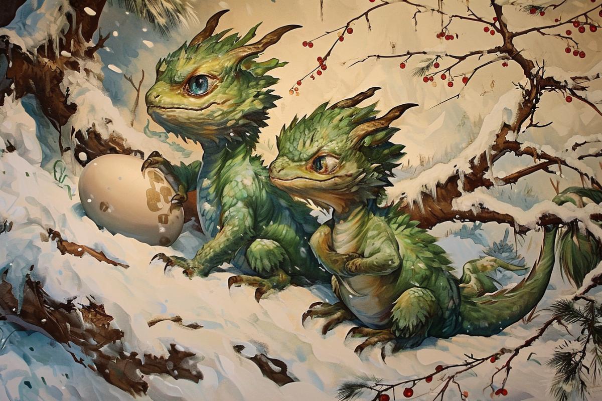 Newborn three-headed green fire-breathing dragon cub hatches from an egg smiling blue eyes New Year\"s baroque atmosphere Japanese painting kenai snow winter magic