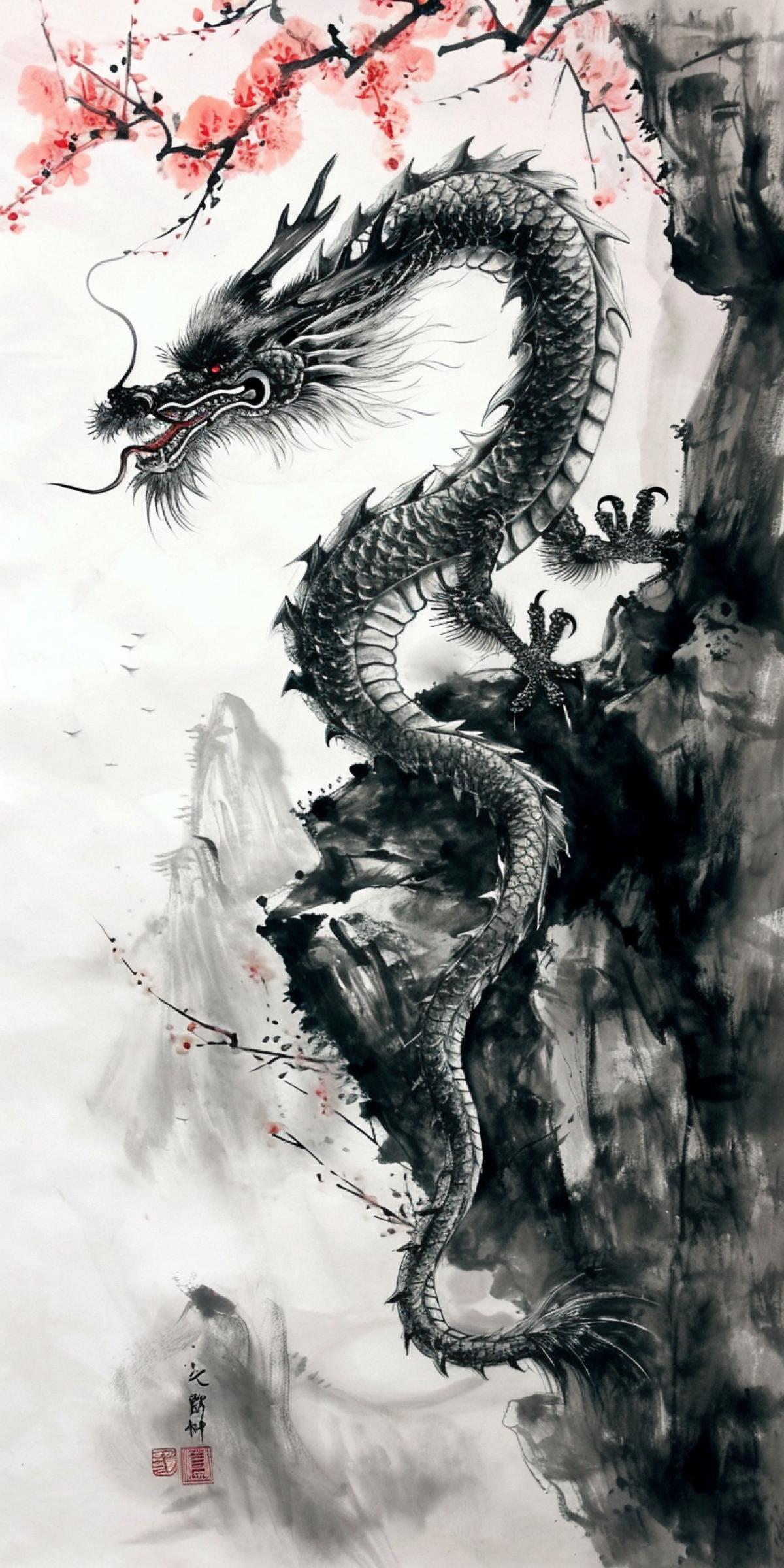 Traditional Chinese watercolor painting, dragon on the cliff, Chinese ink brush, breathtaking