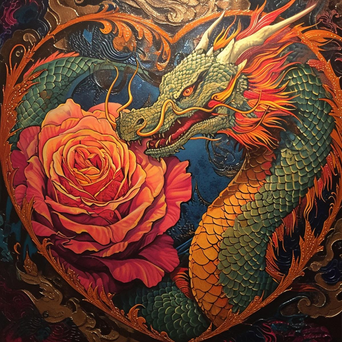heart, half dragon, half rose, rich colors, hyper details