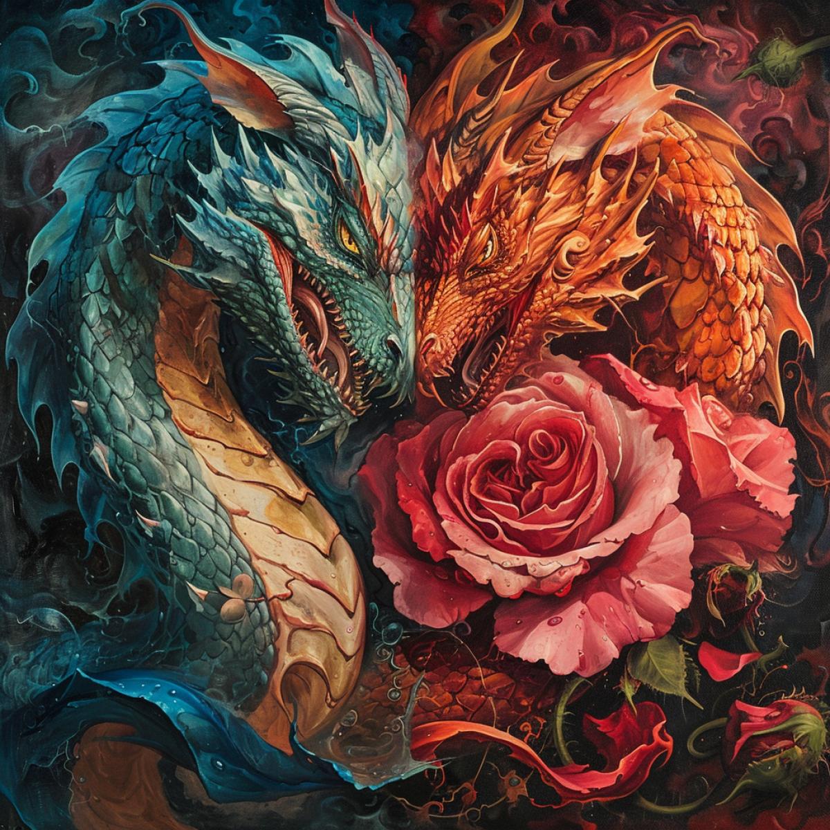 heart, half dragon, half rose, rich colors, hyper details