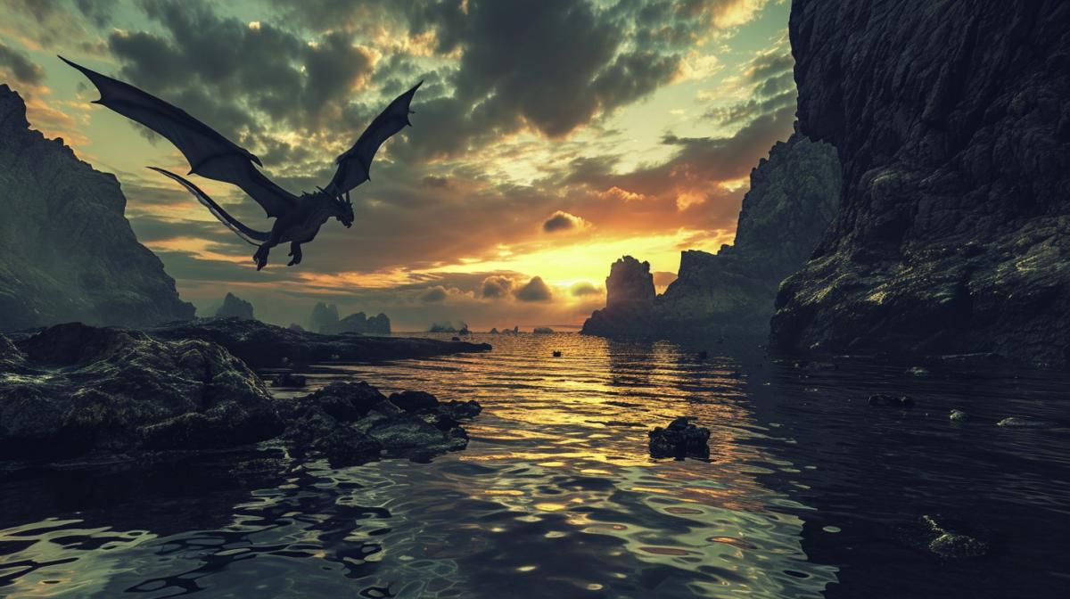 Reflection photography, The reflection of an detailed eery a huge dragon flying through a dark and ominous island bay, striking sunset, breathtaking