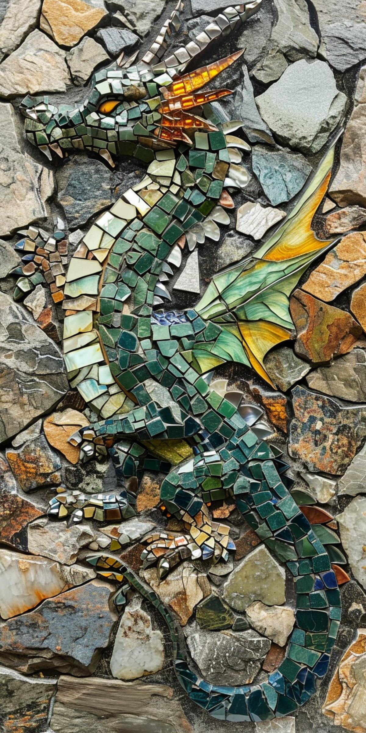 A mosaic of thousands of small pieces, the image of a green dragon on a rock, a variety of colors and shapes