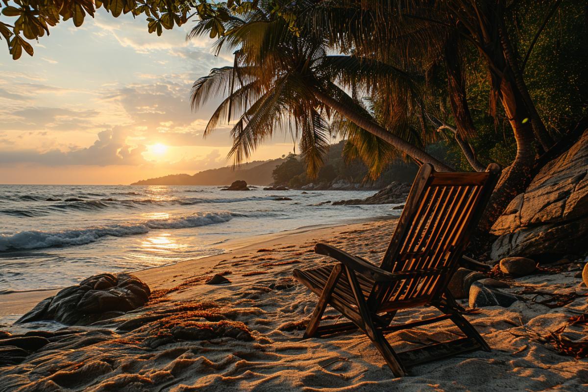 a sun lounger under palm trees on the beach, arockettail on a table nearby, the sun at sunset, a perfect weekend, no people