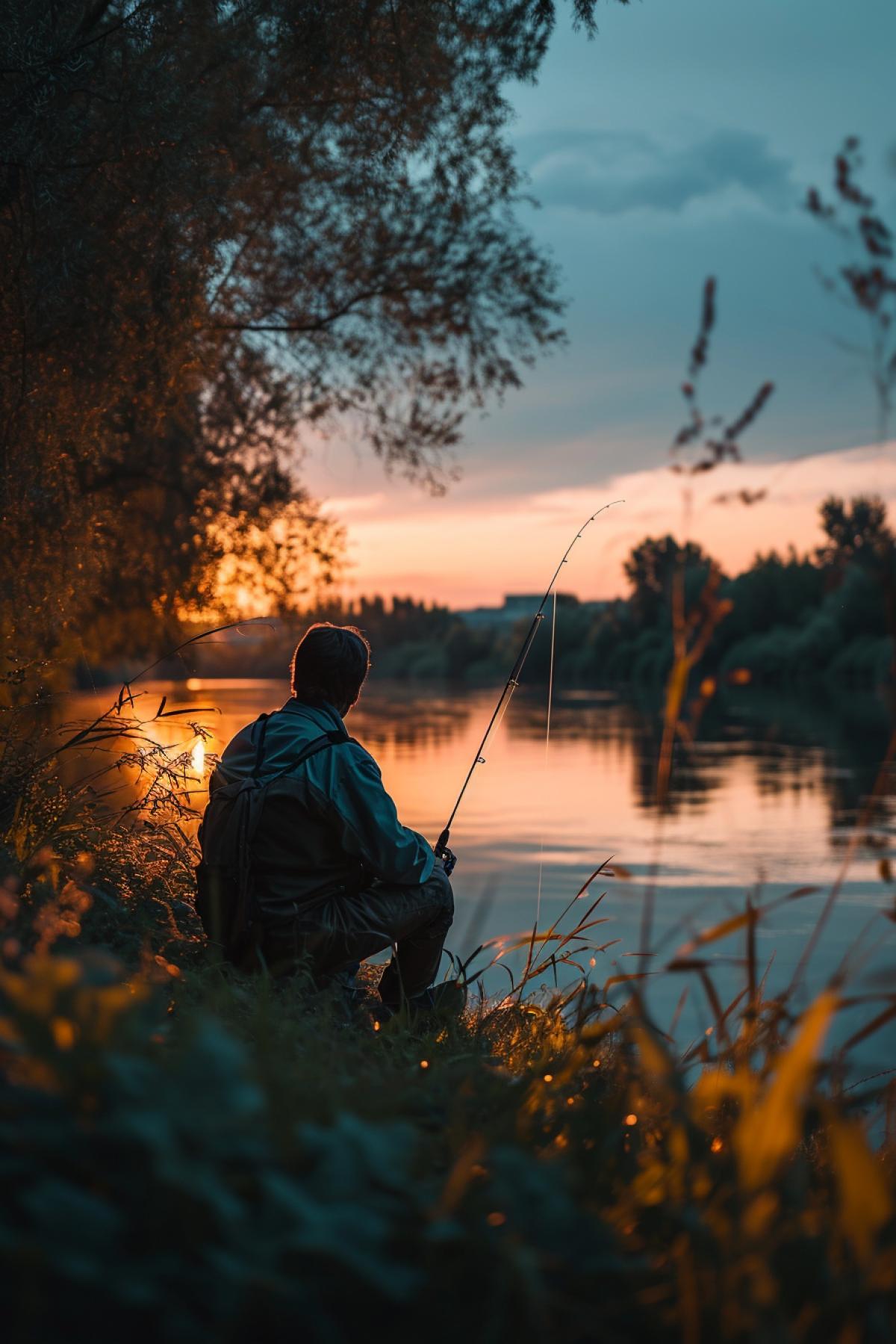 A man sits fishing, holds a fishing rod in his hands, fishing, summer, evening, river