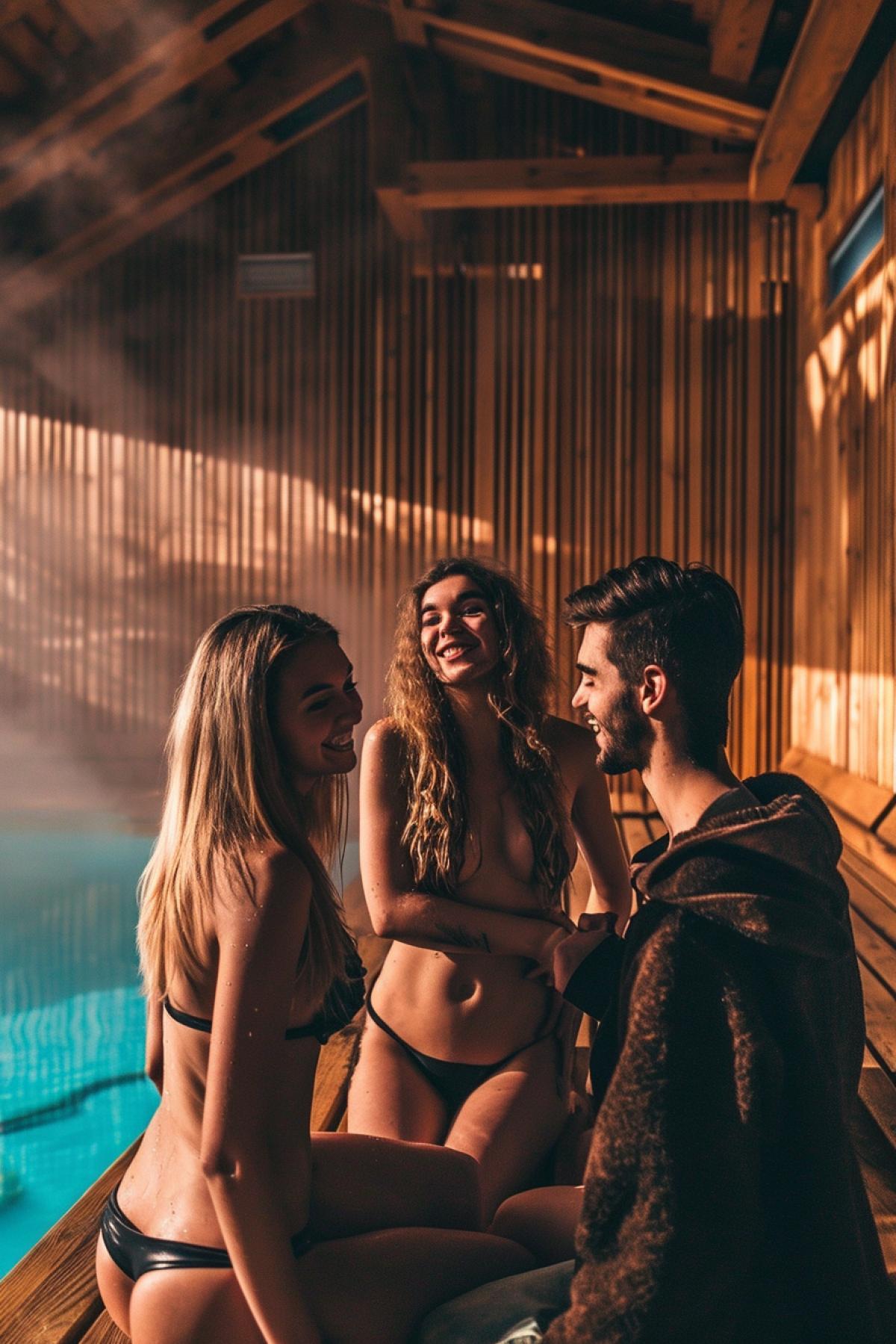 Three young cheeky women and one handsome man in vaporarium having fun on the background of vaporarium wooden interior with pool --no sunglasses