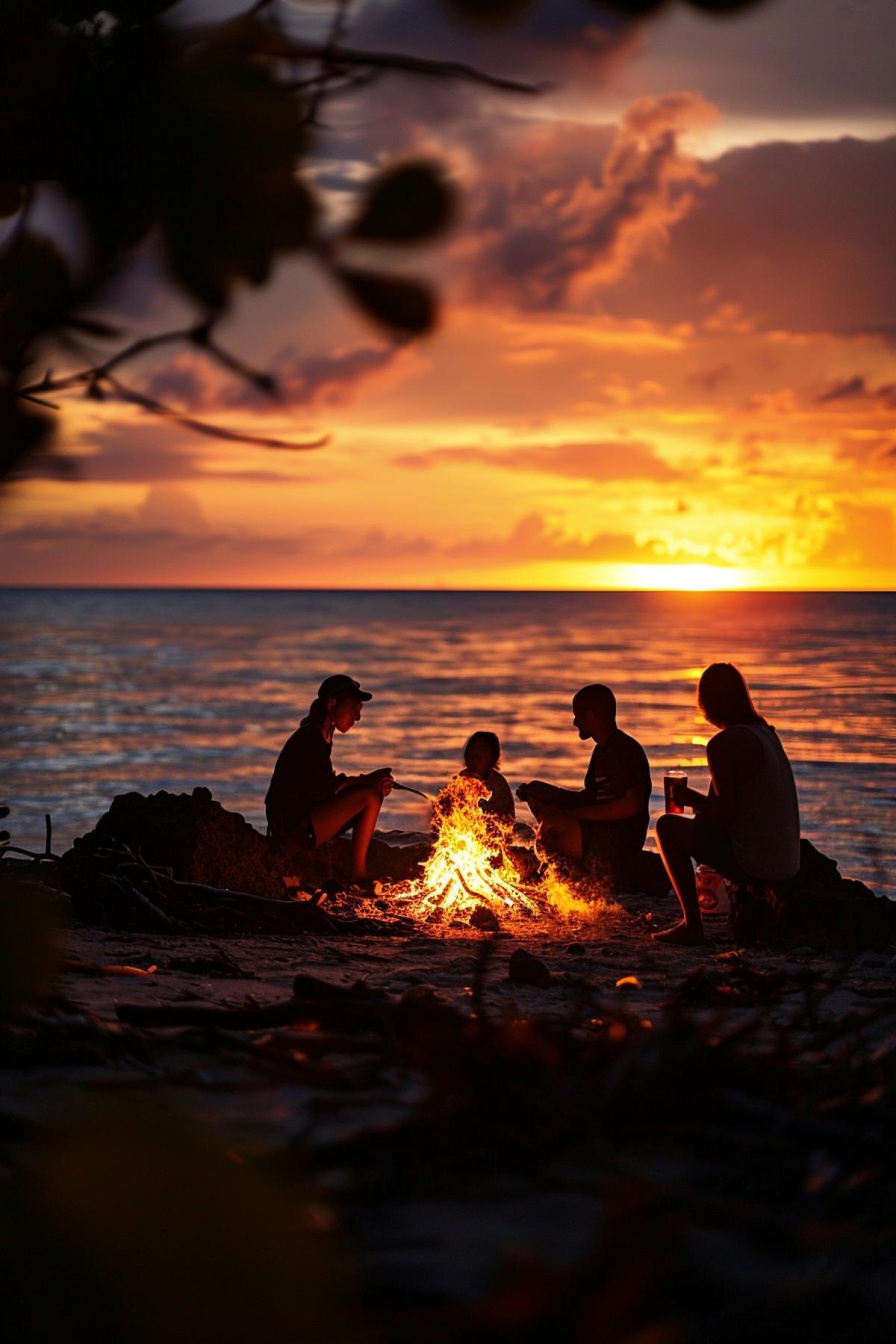 Family barbeque in the ocean shore sunset romantic atmosphere