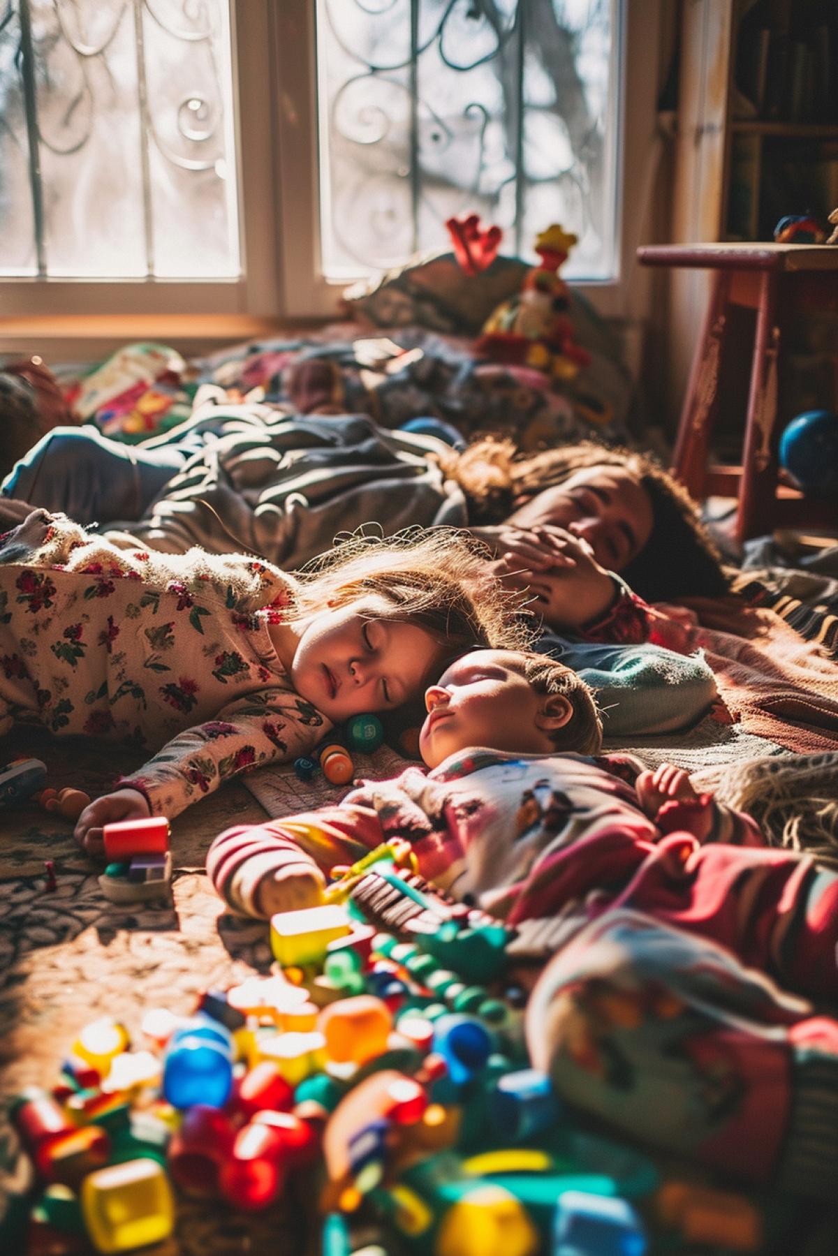 Mother father and kids sleeping among mess in the room after yesterday\"s Xmas party sunny day behind the windows mess on the table pile of toys on floor