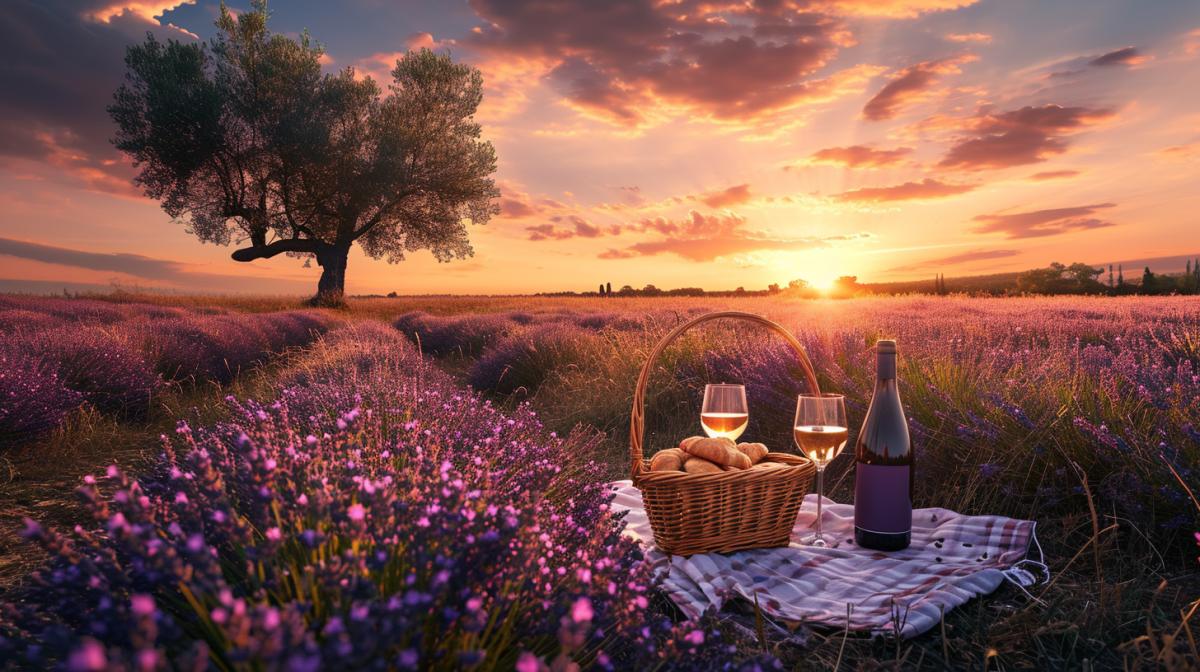 picnic mat, a bottle of wine and two glasses, croissant basket, Instagram, Lavender fields in Provence, summer sunset, expressive sky, gentle light, award winning photography, beautifully color-coded, photorealistic, highly detailed