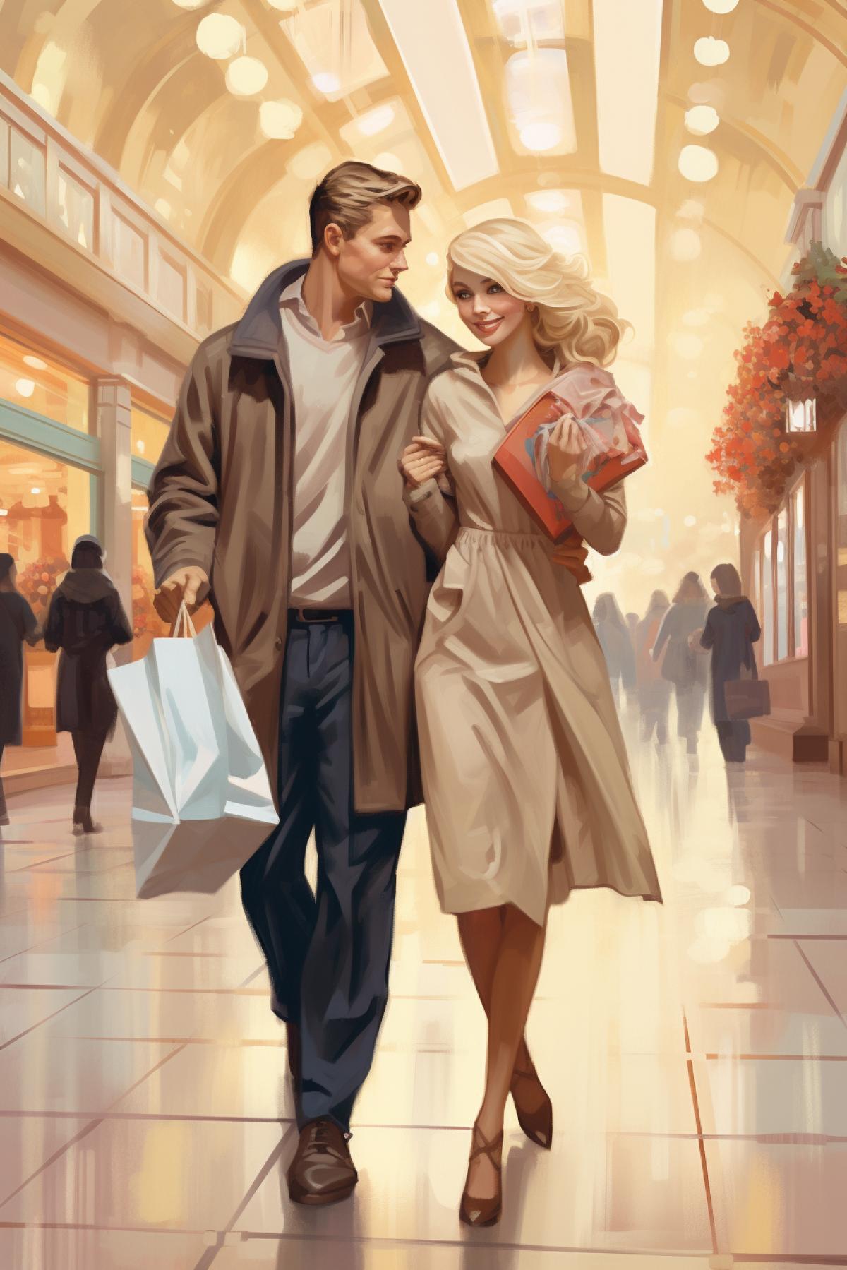A cute blonde is walking through a shopping mall and her husband is carrying a huge number of shopping bags next to her.