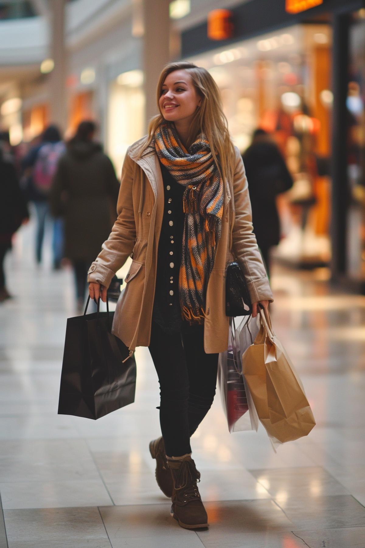 A cute blonde walks through a shopping mall carrying a huge number of shopping bags, a satisfied smile on her face. Photo