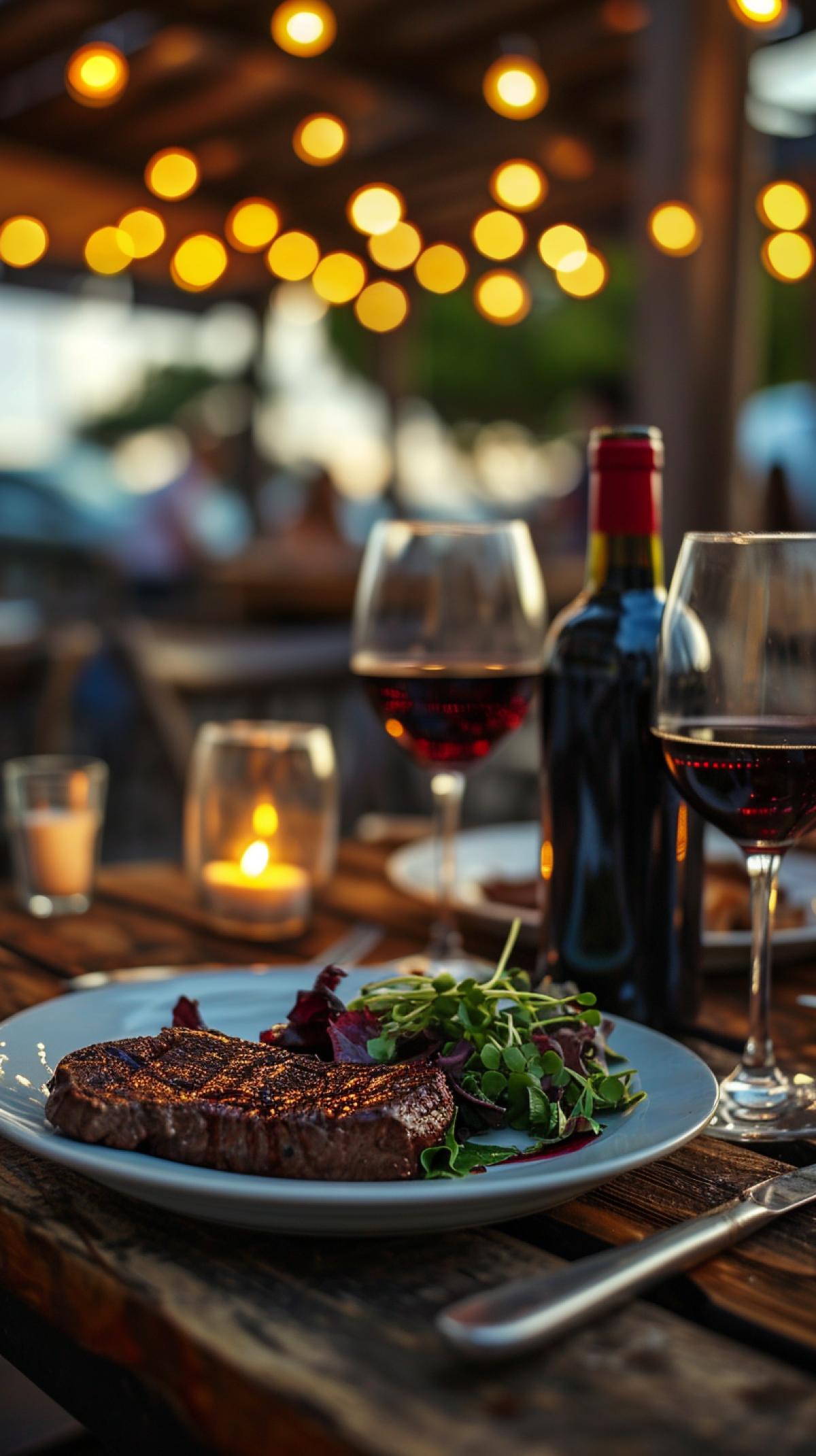 A bottle and glass of red wine and a plate of marbled beef stacker, Instagram, maritime harbor, restaurant porch lights, photorealistic, highly detailed