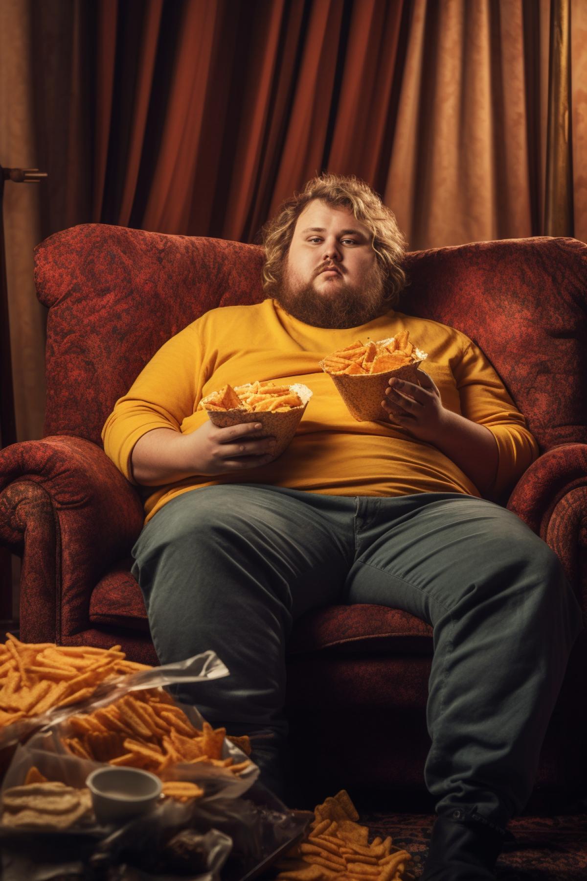 Tired man sitting on the sofa and eating chips