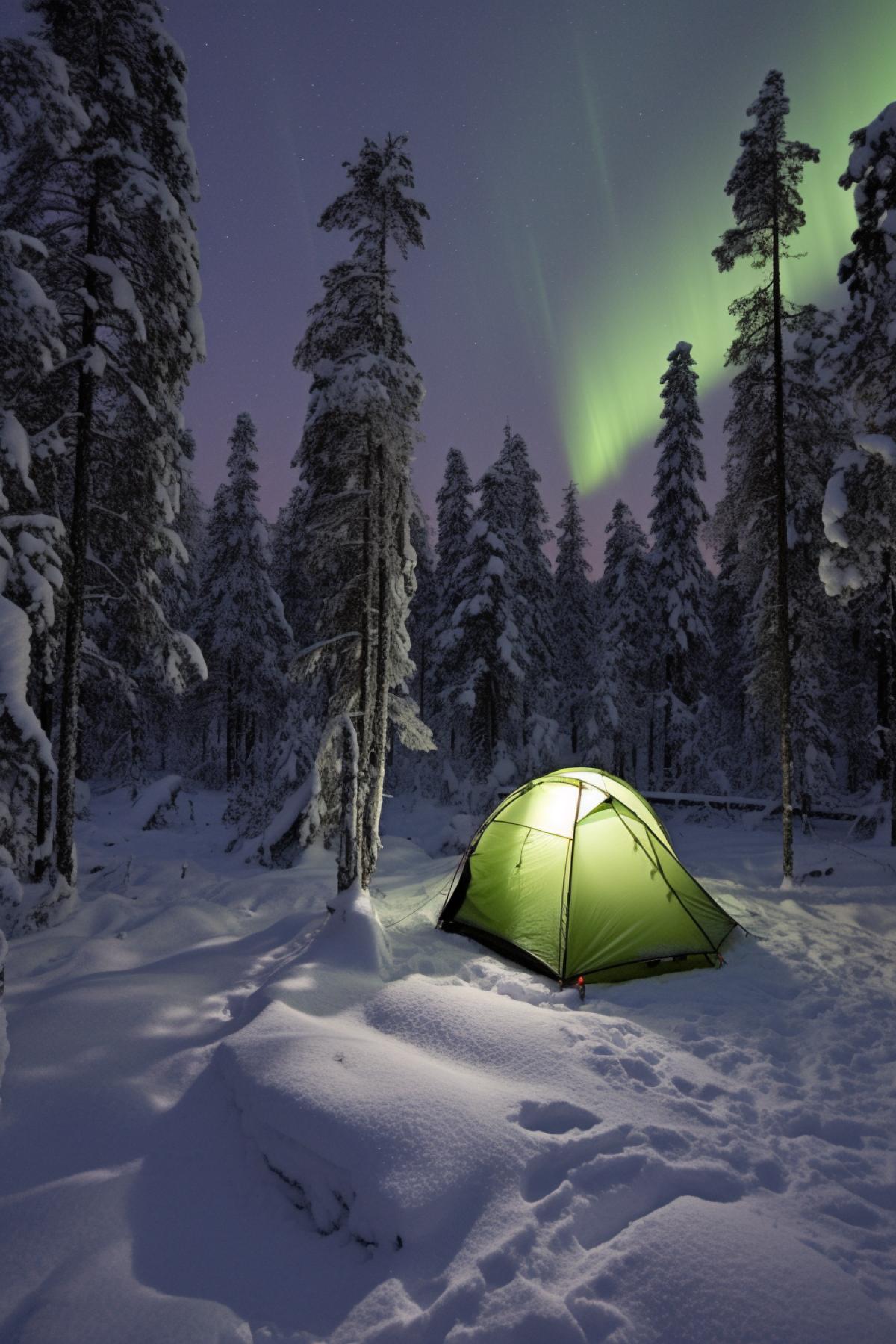 Tent on a winter hike, glowing from the inside, snow, northern lights in Karelia