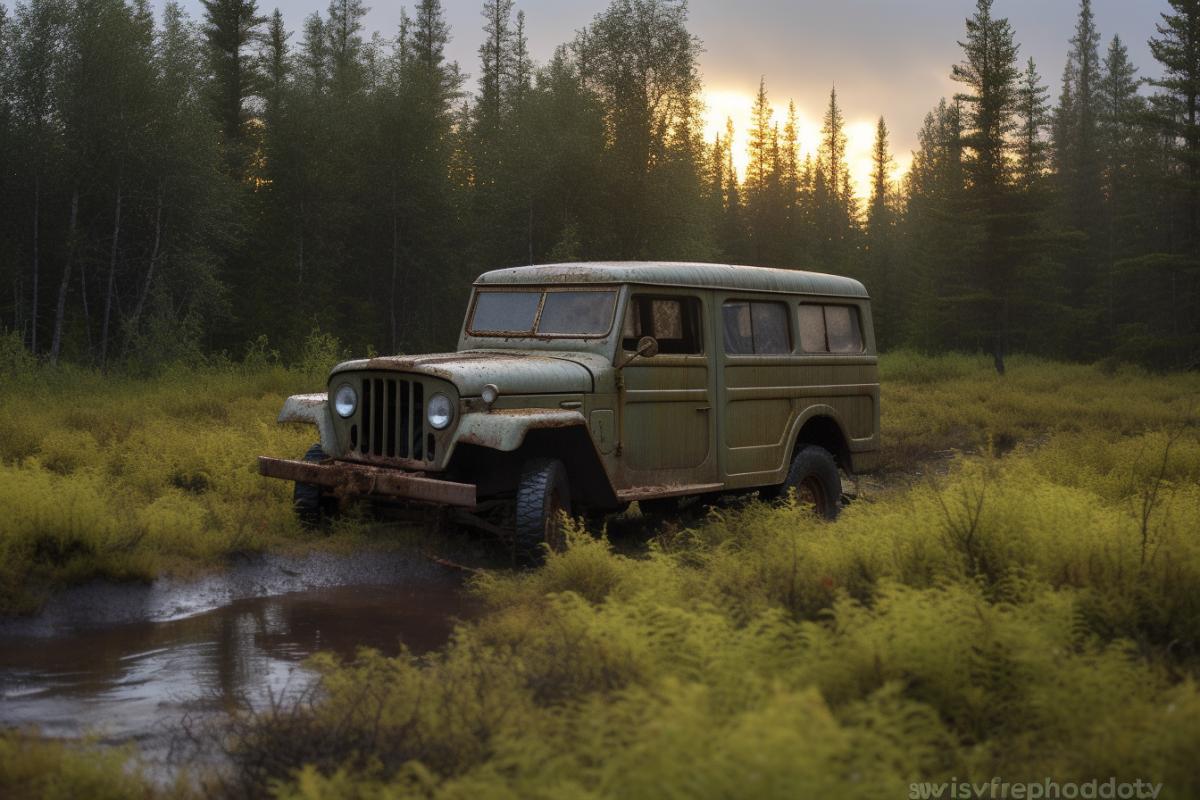The jeep drives happily through the big mud in the northern forests, it’s dangerous.
