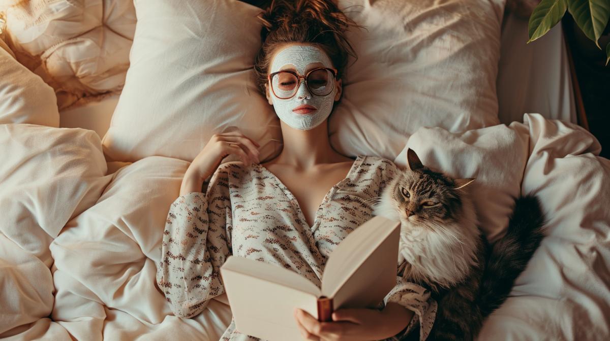 Woman in cozy pajamas lying in bed on soft pillows with a cosmetic mask on her face, with a book in her hands, a fluffy cat lying next to her, relaxing atmosphere, photorealistic, highly detailed