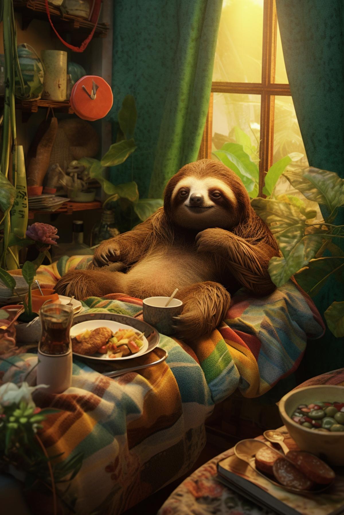 The sloth lies on the bed and sleeps and there is food around him
