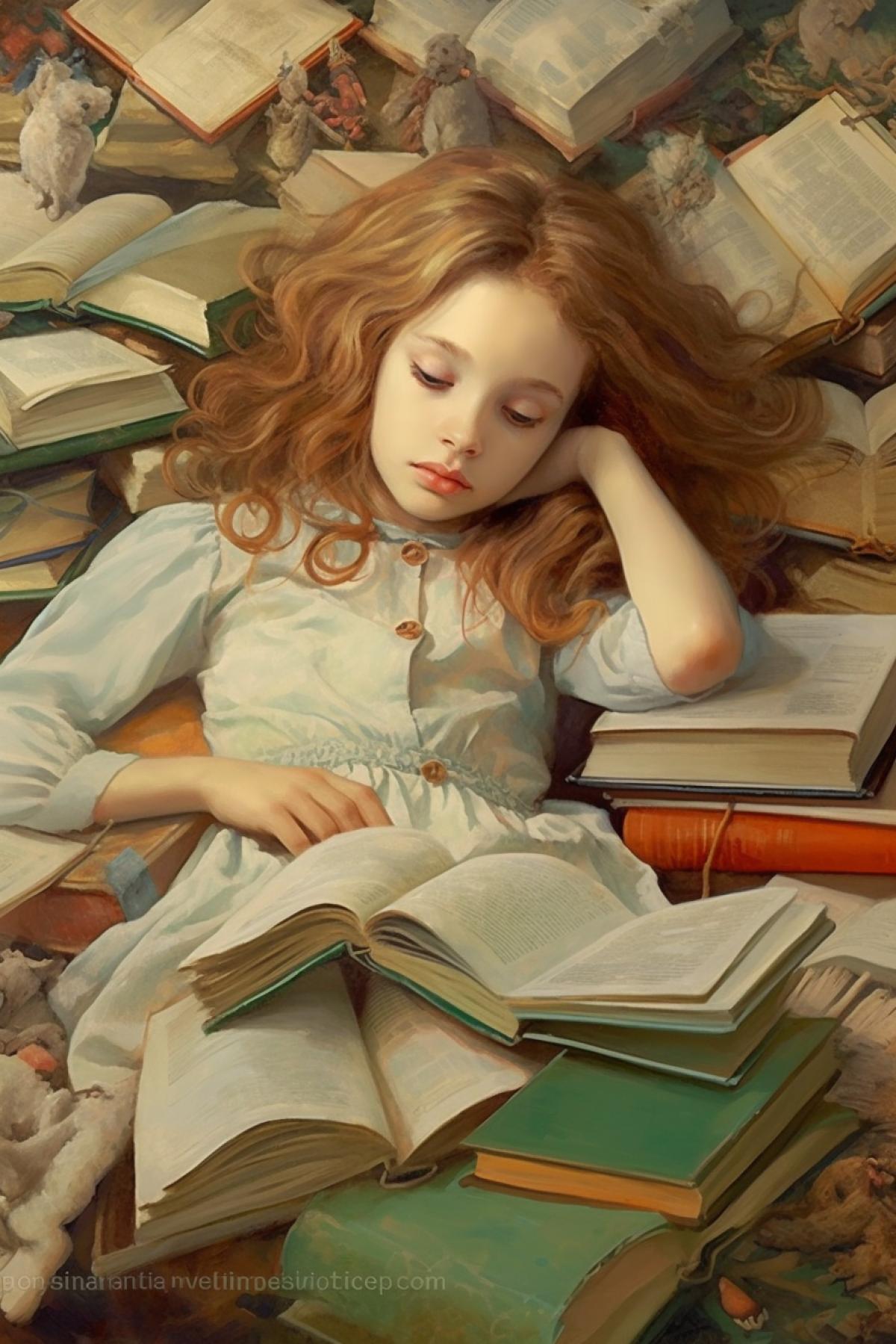 A little girl lies on the bed and around her are books, notebooks and pencils.
