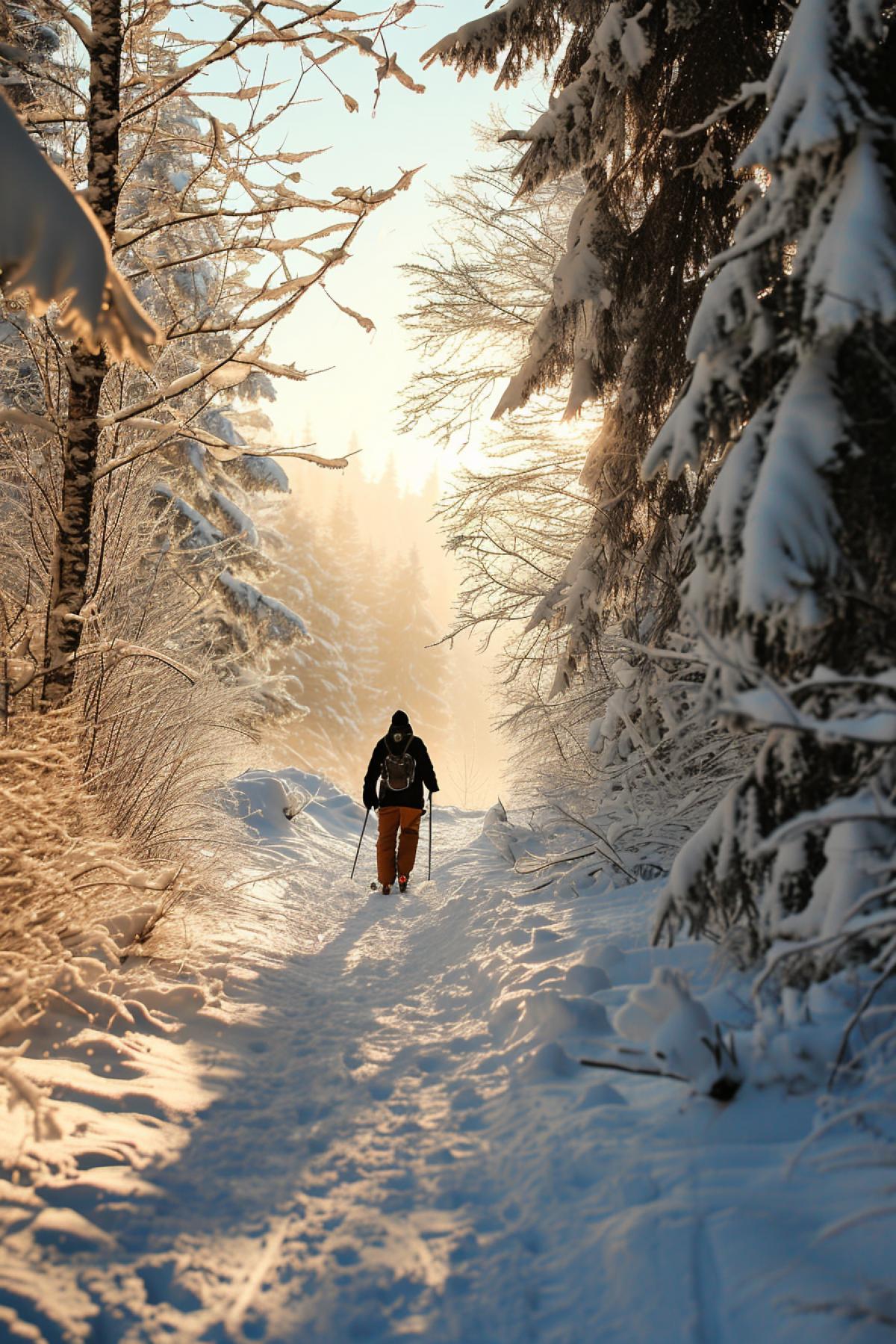 Skiing through a beautiful winter forest