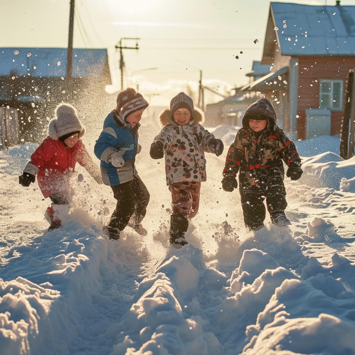 Children have fun playing snowballs in a Russian village, sunny day