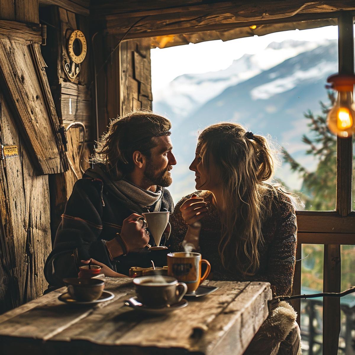 Two lovers drink hot coffee in a Swiss chalet