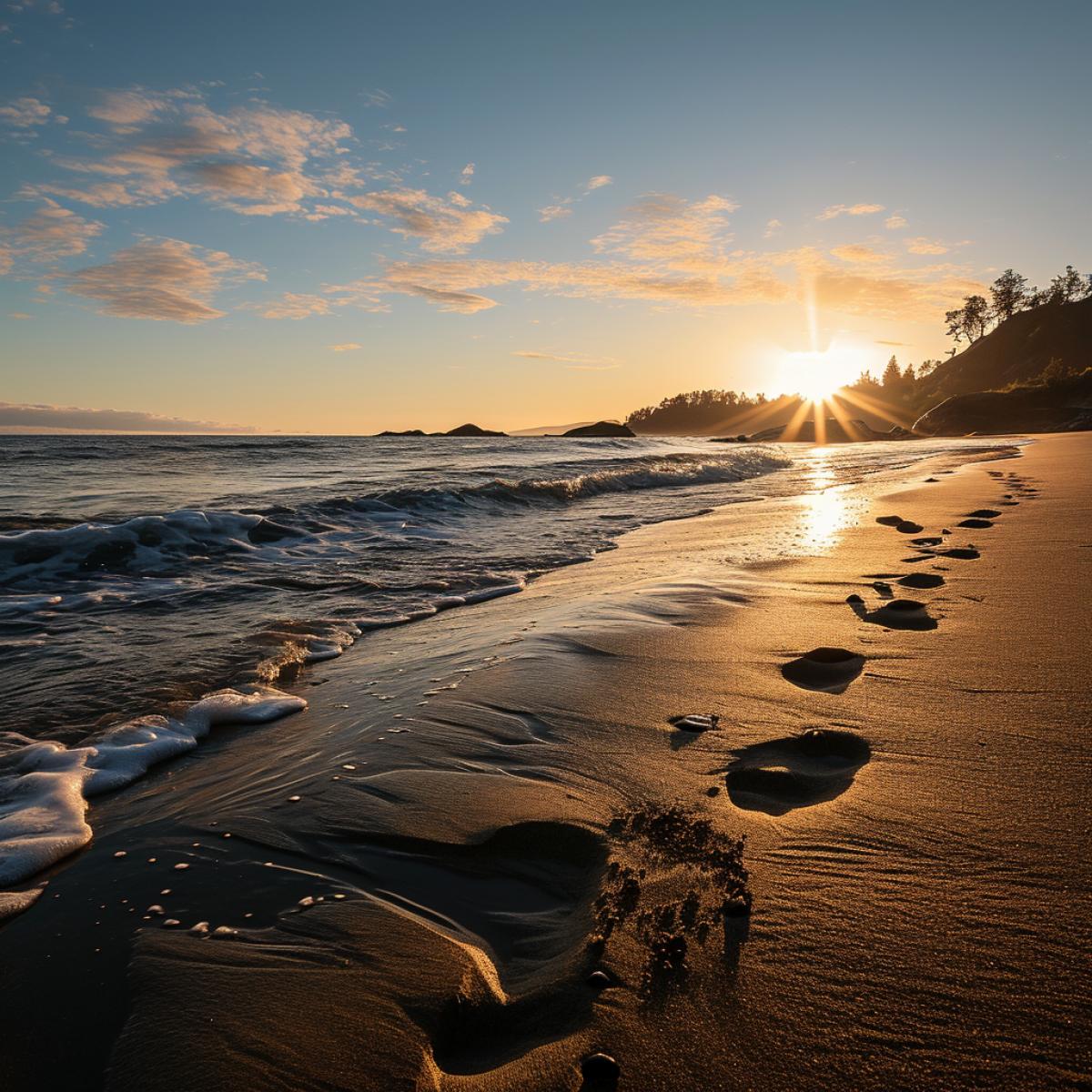 Dawn on the ocean shore, soft sand underfoot, an ideal place for a morning meditation session.