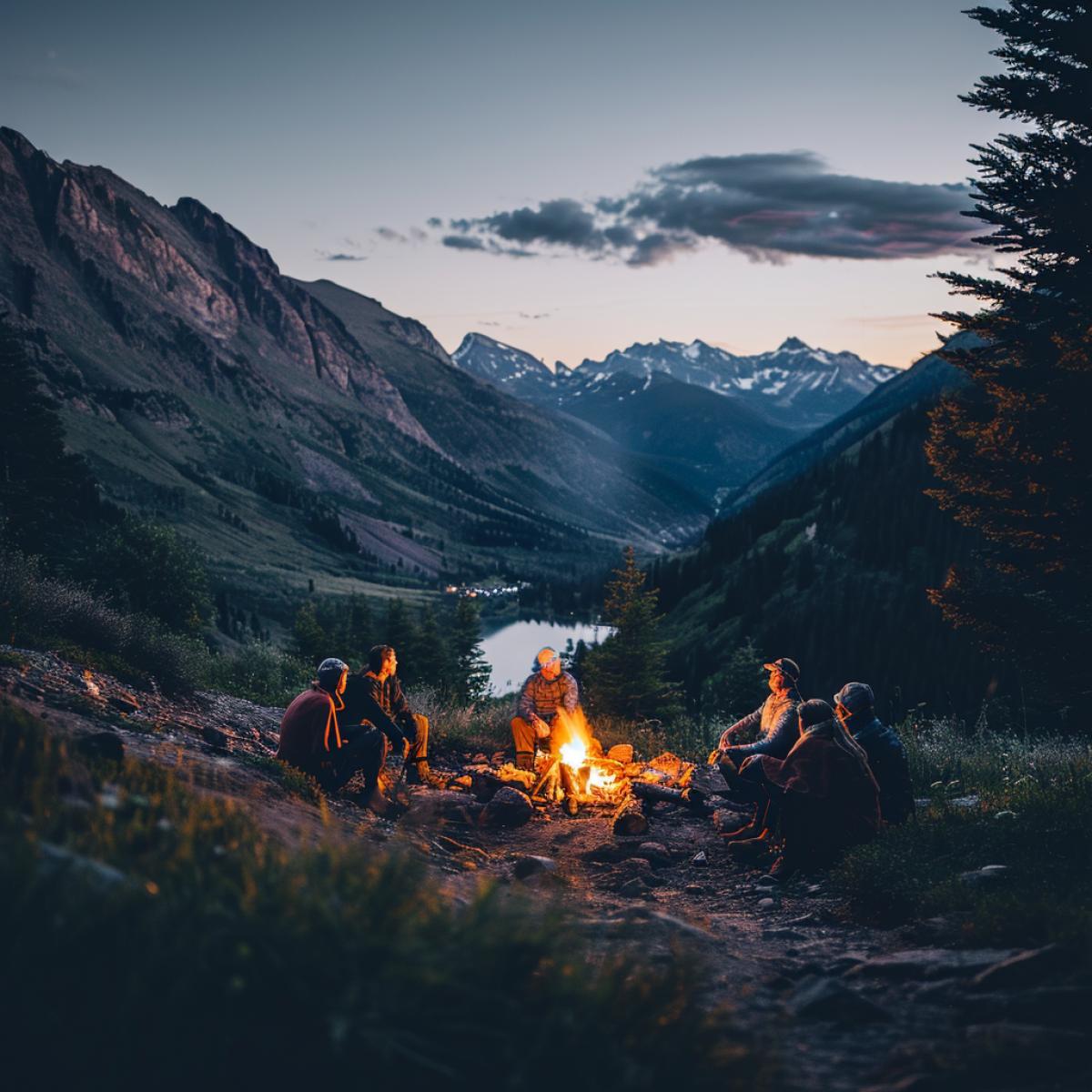 Hiking in the mountains with friends, where breathtaking scenery and cozy evening bonfires await you.