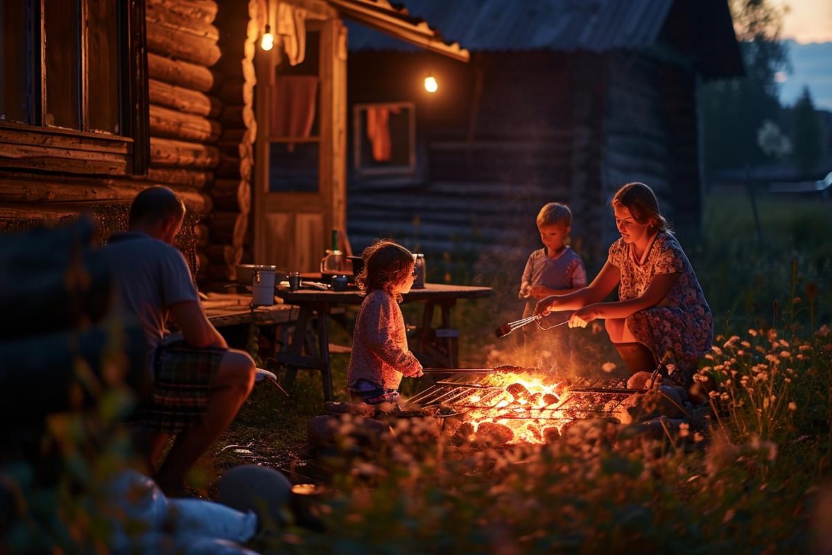 Typical Russian family grilling shashlyk on a barbecue in a Russian dacha, summer evening, photorealistic, highly detailed