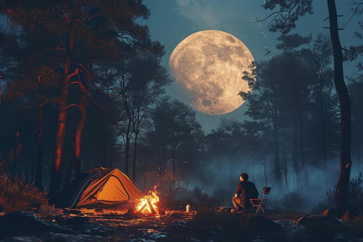 A tent, a man sitting near a fire, sausages being fried, night, forest, huge moon.