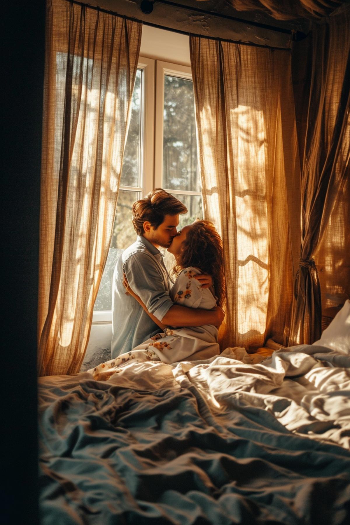 Going beautiful couple hugging and kissing Cosy bedroom curtains closed through the slot sun rays are seen common happiness mood