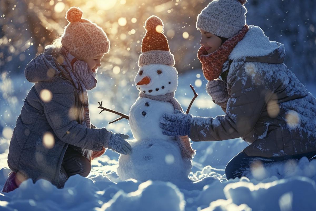 A woman, a man and their child in knitted hats, scarves and warm jackets make a snowman in a winter park, snow falling softly, sun rays, smiles on faces, cozy cheerful atmosphere, photorealistic, highly detailed