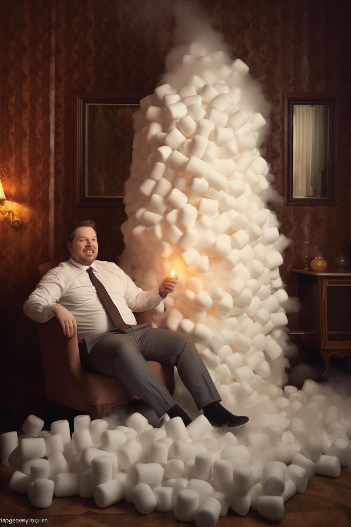 The man eats a huge cute dingle marshmallow, a man lies on a marshmallow and hugs it, a marshmallow is in the hallway of the house, the man is happy, the fireplace is hot.