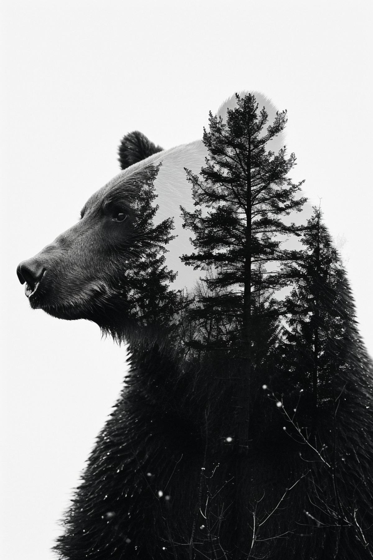 Create a surreal double exposure photo of a bear and the wilderness. The background should be minimalistic and white.