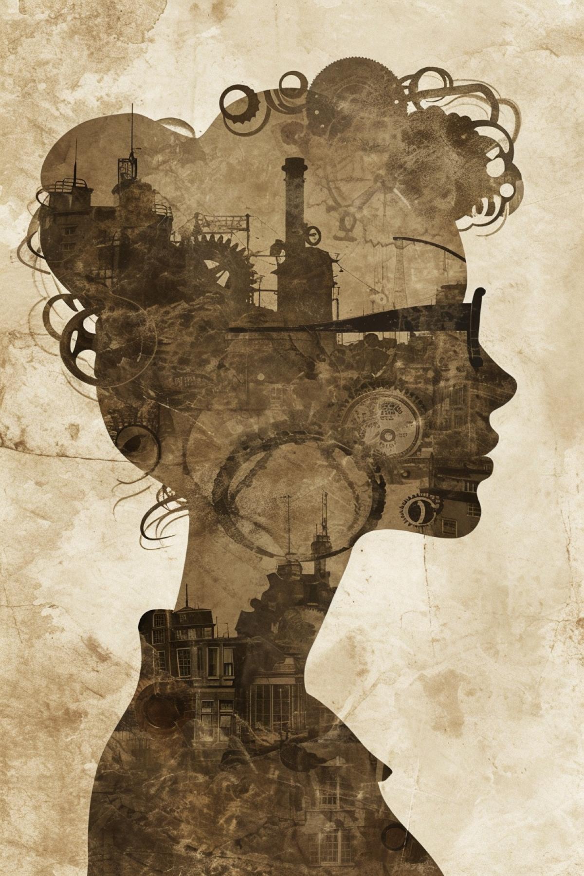 silhouette of a woman steampunk face with glasses, Double Exposure, a steampunk city with airships, photography, 8k, cinematic, movie poster