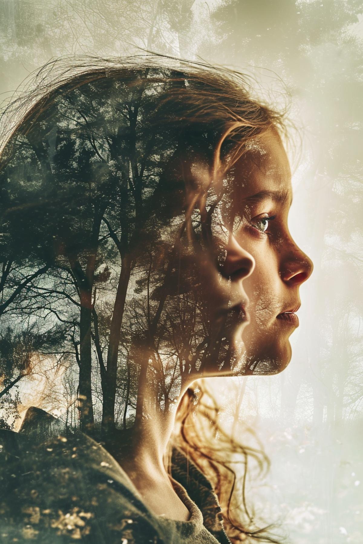 Double exposure of a girl thinking only about money and next to a girl thinking about family