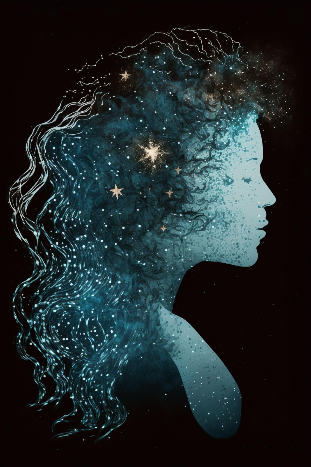 Create a surreal starry double exposure photo of a mermaid and milky-way galaxy, background minimalistic and dark