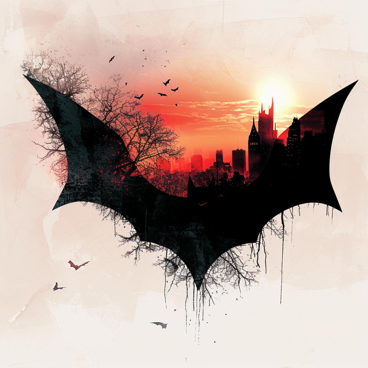 double exposure, Bat with a skyline red sunset sky inside it